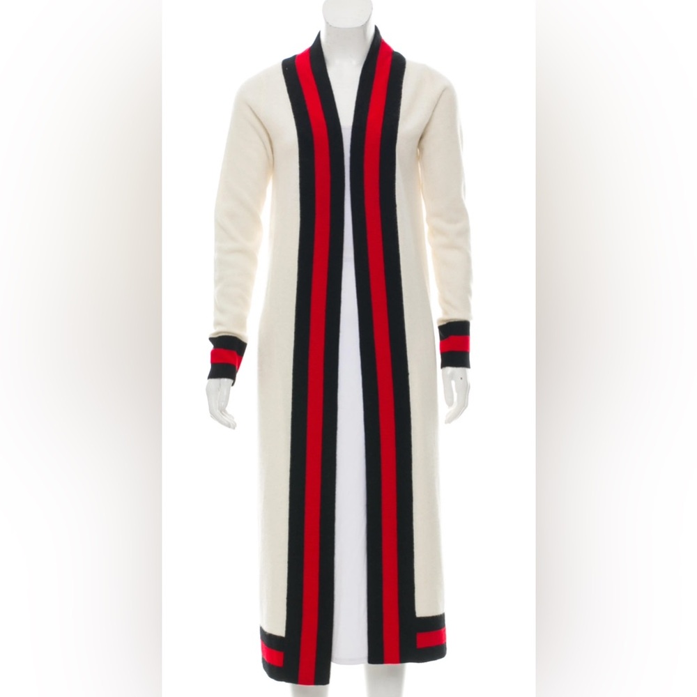 Madeleine Thompson cream, red, and black longline cashmere cardigan size M